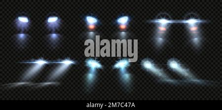 Autolichter. Scheinwerfer für Nachtfahrten, Lichtüberlagerung durch Scheinwerferautomatik, isolierter Vektorsatz Stock Vektor