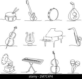 Musikinstrumente mit einer durchgehenden Linie. Instrumentalmusik, verschiedene Konzertgeräusche, Symbole, handgezeichnete Vektorbilder Stock Vektor