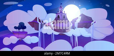 Magische Burg und Wasserfall auf schwimmender Insel bei Nacht. Landschaft des märchenhaften Königreichs, das am dunklen Himmel fliegt. Mittelalterlicher königlicher Palast mit Türmchen auf einem Felsschwamm bei Vollmond um Mitternacht. Stock Vektor