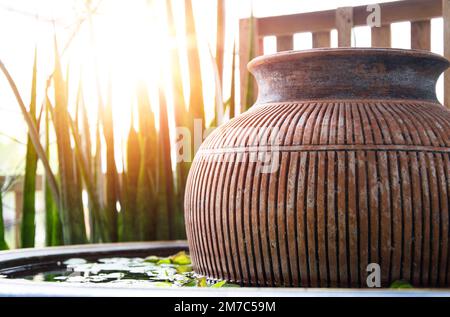 Die Abendsonne scheint auf das Wasserbecken, in das der Becher gestellt wird. Stockfoto