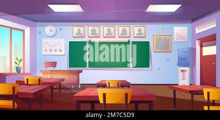 Cartoon, leeres Klassenzimmer. Einrichtung für Bildungseinrichtungen oder Hochschulen mit grüner Tafel, Lehrertischen und Schülertischen, Holzstühlen. Raum zum Lernen mit Uhr an der Wand, Plakaten, Wasserkühler. Stock Vektor