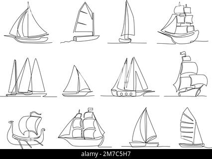 Ein durchgängiges Segelschiff. Handgezeichnete verschiedene Arten von Segelbooten, Schiffen und Segelyacht isoliertes Vektorbildungs-Set Stock Vektor