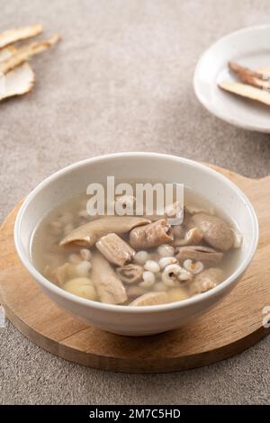 Four Tonics Suppe. Köstliches hausgemachtes taiwanesisches traditionelles chinesisches Kräutergericht mit Kräutern, Schweinedärm auf grauem Tischhintergrund Stockfoto