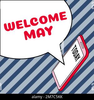 Handgeschriebenes Schild Welcome May. Konzeptfoto Kalender Sechster Monat zweites Quartal dreißig Tage Grüße Stockfoto