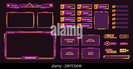 Gaming-Stream-Overlay. Futuristische UI-Grafikrahmen für Spielebildschirm, Neonfarbkamerarahmen und Live-Chat-Vorlage. Buttons-Vektor folgen und spenden Stock Vektor