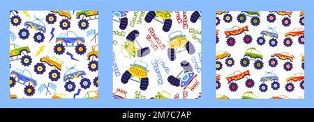 Nahtlose Muster von Monsterautos. Extreme 4WD Offroad-Lkw, Renntransport mit riesigen Rädern. Kinder Spielzeug Cartoon Hintergründe Vektorset Stock Vektor