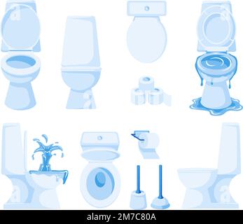 Cartoon-Toilette in Weiß. Keramikpfanne in verschiedenen Winkeln, Toilettenpapier und Bürste. WC-Vektorbildungs-Set Stock Vektor