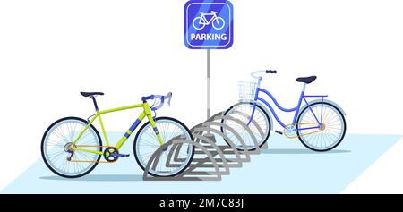 Fahrradparkplatz. Öffentlicher Fahrradständer mit Parkschild und geparkten Fahrrädern. Ökologische Stadtverkehrsvektordarstellung Stock Vektor