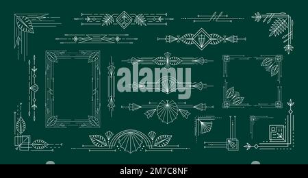 Tropisches Art Deco. Vintage-Rahmen mit natürlichen Motiven, geometrische Linien, Ornamente, Trennwände und Ecken mit elegantem Vektorsatz Stock Vektor