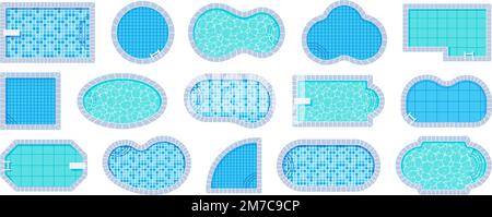 Pool mit Draufsicht. Schwimmbecken in verschiedenen Formen mit Fliesen und Wasserkaustik-Texturvektoren Stock Vektor