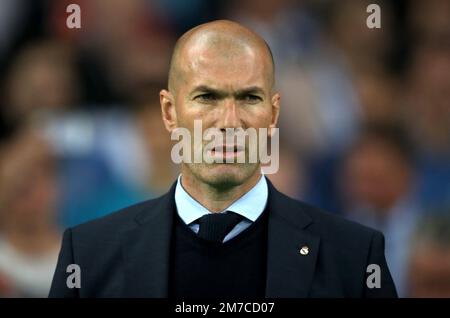 Aktenfoto von 26-05-2018 von Real Madrid Manager Zinedine Zidane. Real Madrid hat vom Präsidenten des französischen Fußballverbands Noel Le Graet eine Entschuldigung für seine Kommentare über Zinedine Zidane verlangt. Ausgabedatum: Montag, 9. Januar 2023. Stockfoto