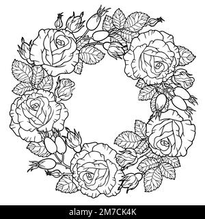 Ein Kranz aus Rosenblumen, Beeren, verflochtenen Ästen und Blättern. Vector-Malbuch für Erwachsene, Elemente für die Gestaltung von Retro-Verpackungen von Kosmetika, Stock Vektor