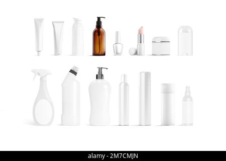 Leeres weißes Kosmetik- und Reinigungspackmodell, isoliert, 3D-Rendering. Leere Reinigungs- oder Kosmetikröhrchen zum Waschen und zur Hautpflege. Pumpe löschen, s Stockfoto