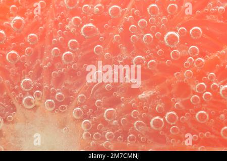 Nahaufnahme der roten Grapefruitscheibe im Wasserhintergrund. Konsistenz des kühlenden Fruchtgetränks mit Makroblasen an der Glaswand. Flaches Design.