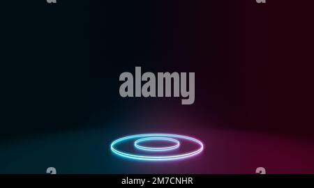 Neonfarben leuchtender zwei-Kreis-Rahmen, der in Dunkelheit liegt, 3D-Rendering. Abstrakte ultraviolette Lichtkreise auf der Plattformoberfläche. Helium, elektrisch Stockfoto