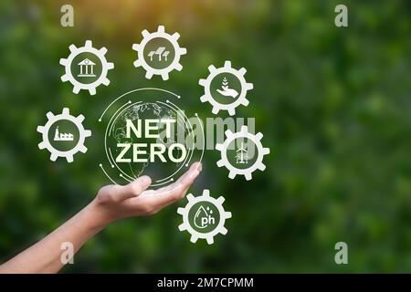 Verringerung der Treibhausgasemissionen, das Konzept der CO2-neutralen und Netto-Null-Emissionen. Natürliche Umwelt Klimaneutrale langfristige Strategie Stockfoto