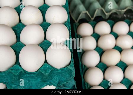 Goiania, Goiás, Brasilien – 08. Januar 2023: Kartonpakete mit weißen Eiern zum Verkauf auf der Messe. Stockfoto