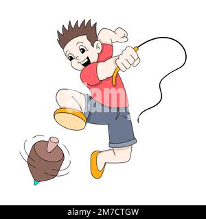 Der Junge spielt ein Top, das es dreht. vektordesign-Illustrationen Stock Vektor