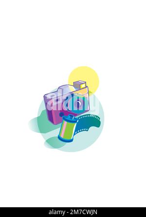 Retro-Fotokamera mit isoliertem Film auf weißem Hintergrund. Vektordarstellung in flacher Form. Stock Vektor