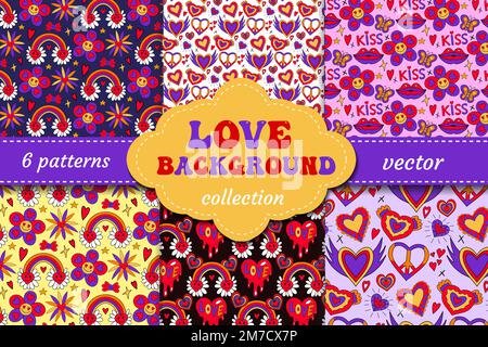 Groovy Retro-Set mit 70s nahtlosen Mustern zum Valentinstag. Liebe und Frieden endlose Konsistenz. Hintergrund. vektordarstellung. Stock Vektor
