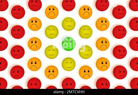 Emoji-Emoticons mit trauriger, glücklicher, wütender und entmutigender Stimmung, Bewertung des Kundenservice, Zufriedenheitsumfrage, Kundenerfahrung, ausgezeichneter Service Stockfoto