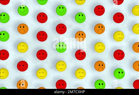 Emoji-Emoticons mit trauriger, glücklicher, wütender und entmutigender Stimmung, Bewertung des Kundenservice, Zufriedenheitsumfrage, Kundenerfahrung, ausgezeichneter Service Stockfoto