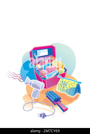 Kosmetikset für Damen und Haartrockner. Vektordarstellung in flacher Form. Stock Vektor