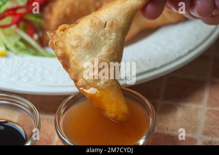 Mach einen Teller mit gebratenen Teigtaschen fertig. Köstliche japanische Teigtaschen in der Pfanne nennen sie Gyoza oder auch bekannt als chinesische Teigtaschen Jiaozi. Chinesische Wontons mit Süße Stockfoto