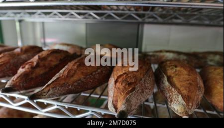 Traditionelles Brot, das um bakery3 Uhr im Regal gestapelt wird Stockfoto