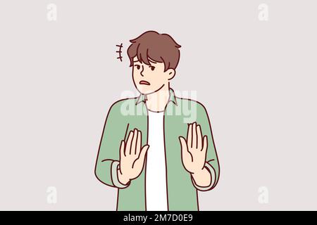 Ein verwirrter Mann streckt sich die Hände aus und zeigt Handflächenrufe, politisch inkorrekte Handlungen zu stoppen oder zu stoppen. Peinlicher junger Mann ruft an, um die Verbreitung schädlicher oder gefälschter Informationen zu verhindern. Abbildung eines flachen Vektors Stock Vektor