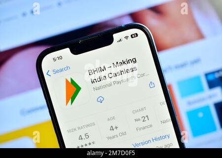 Neu Delhi, Indien – 07. Januar 2023: DIE BHIM-App auf dem Telefon dient zum Bezahlen und Empfangen von Zahlungen über ein von der National Payments Corporation of India entwickeltes Mobiltelefon Stockfoto