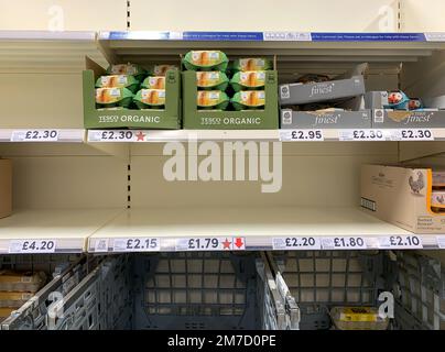 Taplow, Buckinghamshire, Großbritannien. 9. Januar 2023. Ein Tesco-Laden in Taplow, Buckinghamshire. Die Versorgung mit Eiern in Supermärkten bleibt nach der Vogelgrippe und vielen Bauern, die aus dem Geschäft gehen, begrenzt. Kredit: Maureen McLean/Alamy Live News Stockfoto