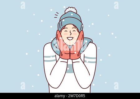 Glücklicher Mann in Pullover und lächelnde Fäustlinge Genießen Sie kaltes Wetter und freuen Sie sich auf die feiertage im dezember. Ein positiver junger Mann mit Wintermütze und Schal steht draußen zwischen herabfallenden Schneeflocken. Flaches Vektordesign Stock Vektor
