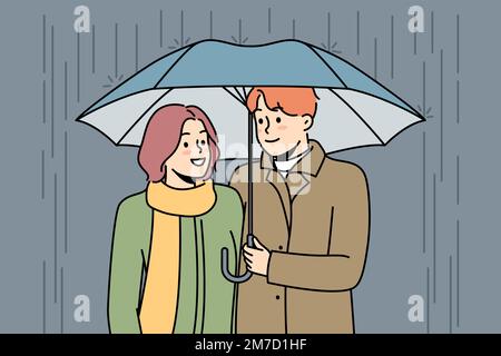 Glückliches Paar, das im Regen unter dem Schirm spaziert. Lächelnder Mann und lächelnde Frau genießen ein Date im Freien bei regnerischem Wetter. Beziehungskonzept. Vektordarstellung. Stock Vektor