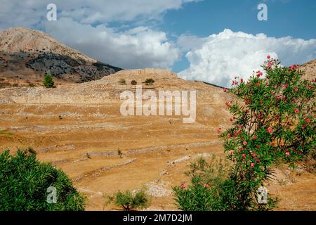 Ein Blick auf die Ruinen der Akropolis von Mykene, in Griechenland, im heutigen Argolis, an einem Sommertag Stockfoto