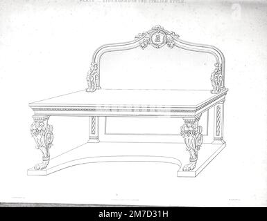 Sideboard im italienischen Stil, gestützt mit Eichenholz und mit Glasrücken; berechnet entweder für Mahagoni oder Eiche. Würden die Formteile und Blumen in Eiche ausgeführt, könnten sie leicht gehalten werden, was einen neuartigen Effekt aus der Schatzkammer des praktischen Schrankmachers und Polsterers hervorbringen würde : Hauseinrichtung und Dekorationsassistent : in Griechen, Italienisch, Renaissance, Louis-Quatorze, Gothic, TUDOR- und elisabethanische Stile : durchdrungen mit Entwürfen, die für die königlichen Paläste und für einige der wichtigsten Villen des Adels und des Adlers sowie Clubhäuser von Henry Whitaker, 1847, ausgeführt wurden Stockfoto