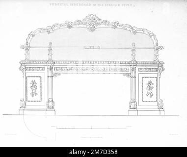 Sideboard mit Standfuß und Glasrücken im italienischen Stil. Es ist mit einer Bronzeschiene gestaltet, um die Salven des praktischen Schrankmachers und der Polsterer Schatzkammer der Designs zu halten : Hauseinrichtung und Dekorationsassistent : in Griechen, Italienisch, Renaissance, Louis-Quatorze, Gothic, TUDOR- und elisabethanische Stile : durchdrungen mit Entwürfen, die für die königlichen Paläste und für einige der wichtigsten Villen des Adels und des Adlers sowie Clubhäuser von Henry Whitaker, 1847, ausgeführt wurden Stockfoto