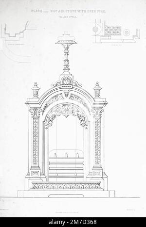 Heißluftherd im italienischen Stil. Es hat ein offenes Feuer und offene Zierarbeiten vorne und oben, für den Austritt der erwärmten Luft, die kalte Luft tritt in die Vorderseite des Sockels ein, um die Abzüge zu versorgen. Die Zeichnung wird mit einer Lampe gezeigt, die jedoch keine notwendige Ergänzung der Schatzkammer des praktischen Schrankmachers und Polsterers ist : Hauseinrichtung und Dekorationsassistent : in Griechenland, Italienisch, Renaissance, Louis-Quatorze, Gotik, TUDOR- und elisabethanische Stile : durchdrungen mit Entwürfen, die für die königlichen Paläste und für einige der wichtigsten Villen des nob ausgeführt wurden Stockfoto