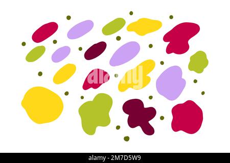 Pinsel-Polka-Punktset. Handgezeichnete abstrakte Farbflecken auf weißem Hintergrund isoliert. Helles, gemütliches Schmuckstück. Verschiedene Punkte, Drop, Spots sammeln. Beschreibung Stock Vektor