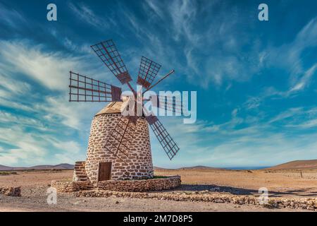 Windmühle Puerto los Molinos an der Westküste von Fuerteventura, Spanien Stockfoto