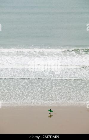 Ein einsamer Surfer spaziert am langen Sandstrand von Wollacombe in Devon, Großbritannien. Die Silhouette spiegelt sich im nassen Sand wider, während er an den Reihen oder Wellen vorbeigeht, die in einem Winterschwall in den Strand kommen. Stockfoto