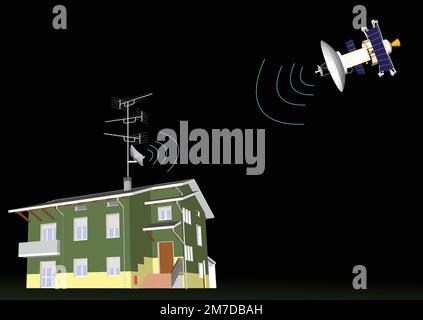 Arbeiter arbeiten auf dem Dach. Zwei Arbeiter installieren eine Satellitenschüssel auf dem Dach. Antenne für Fernsehen und Internet. Service-Abbildung isoliert auf weißem BA Stock Vektor