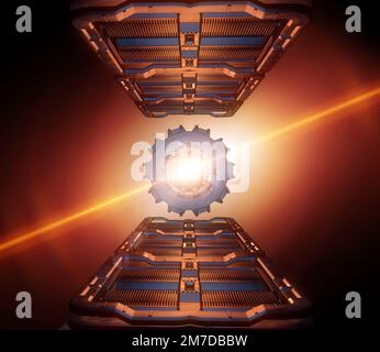 Energiestrahl, saubere Energieproduktion. Kollidierende Atome. Technologie auf der Suche nach sauberer Energie. Kernspaltung und Kernfusion. Antrieb. 3D-Rendering Stockfoto