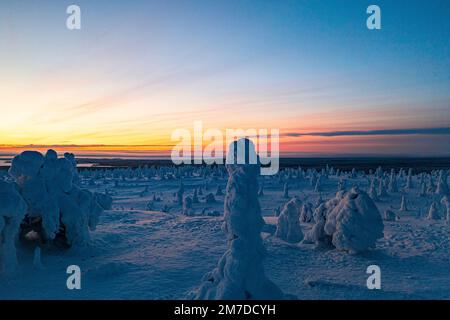 Blick aus der Vogelperspektive auf Eisskulpturen im Morgengrauen, Riisitunturi-Nationalpark, Posio, Lappland, Finnland Stockfoto
