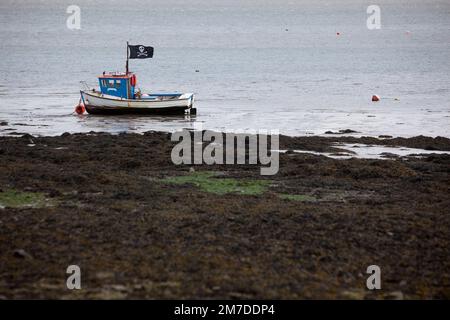 Ein kleines Fischerboot, das im flachen Wasser bei milford Haven in der Nähe von Angle in Pembrokshire festsaß und mit dem Jolly Roger oder dem Schädel und den Kreuz-Knochen, der Flagge des Piraten, fliegt. Stockfoto