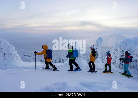 Eine Familie mit drei Kindern, die die Aussicht auf Schneeschuhwanderungen im gefrorenen Wald, Oulanka-Nationalpark, Ruka Kuusamo, Lappland, Finnland, genießen Stockfoto