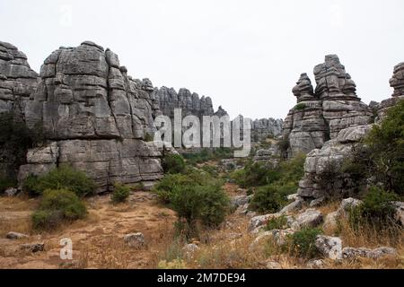 La Sierra de Torcal in der Nähe von Antequera, Andalusien, Spanien, einen riesigen hohen Kalkstein Felsen Felsnase, die viele seltsame und wunderbare Felsen Formen und Formationen geschaffen hat. Stockfoto