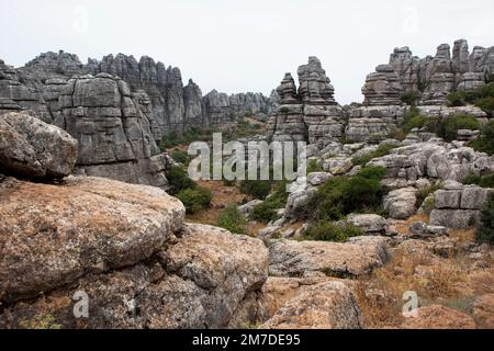 La Sierra de Torcal in der Nähe von Antequera, Andalusien, Spanien, einen riesigen hohen Kalkstein Felsen Felsnase, die viele seltsame und wunderbare Felsen Formen und Formationen geschaffen hat. Stockfoto