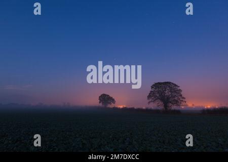 Dämmerung über einem Bauernhof mit tiefblauem Himmelsnebel und Bäumen. Stockfoto