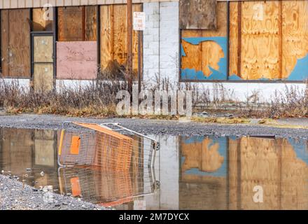 Ein Einkaufswagen in einem Wasserpool vor einem verlassenen Einkaufszentrum Stockfoto